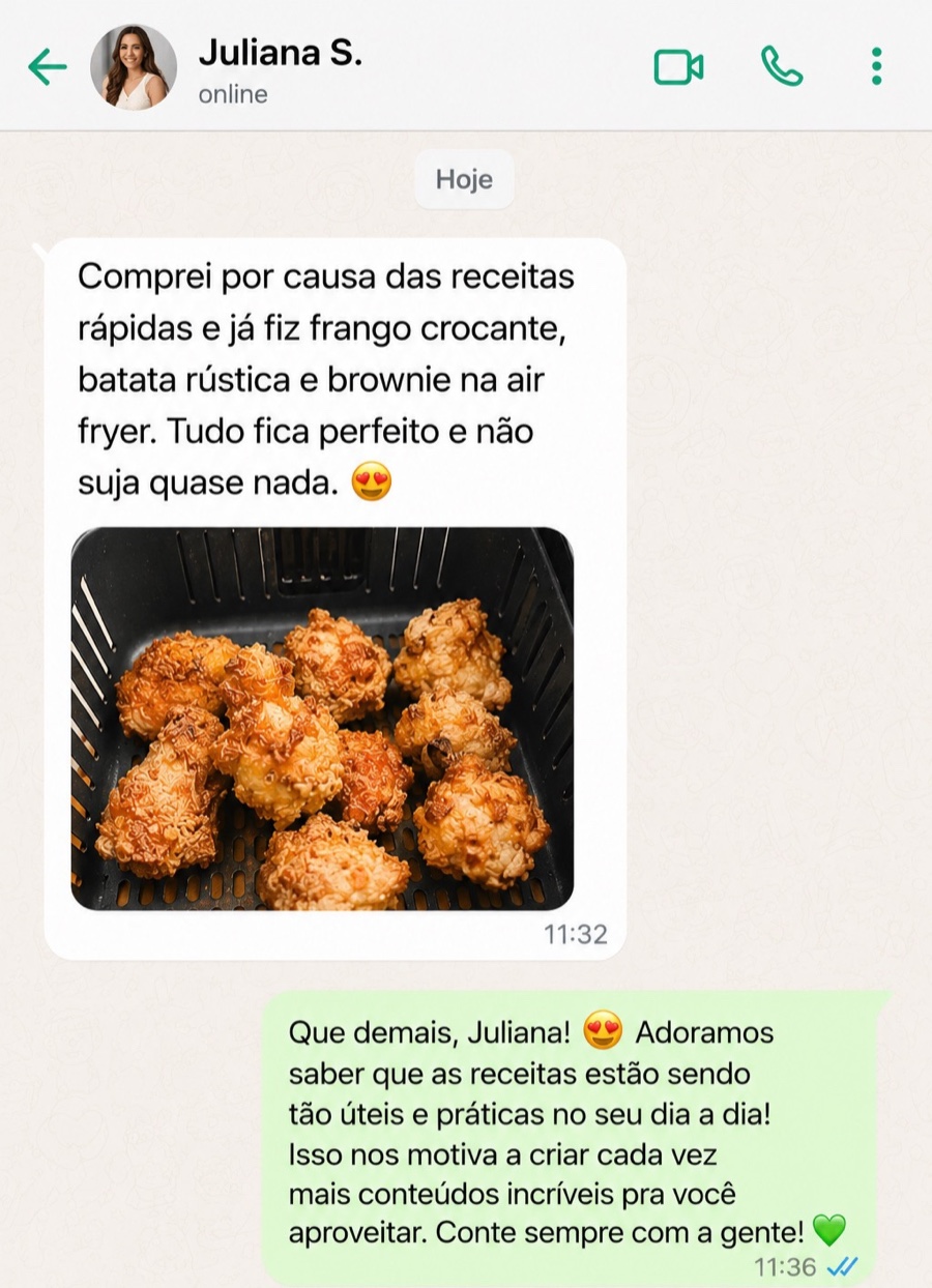 Conversa no WhatsApp com a cliente Juliana S. mostrando o frango crocante que fez na air fryer